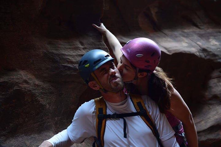 Man and woman who fell in love while rock climbing.