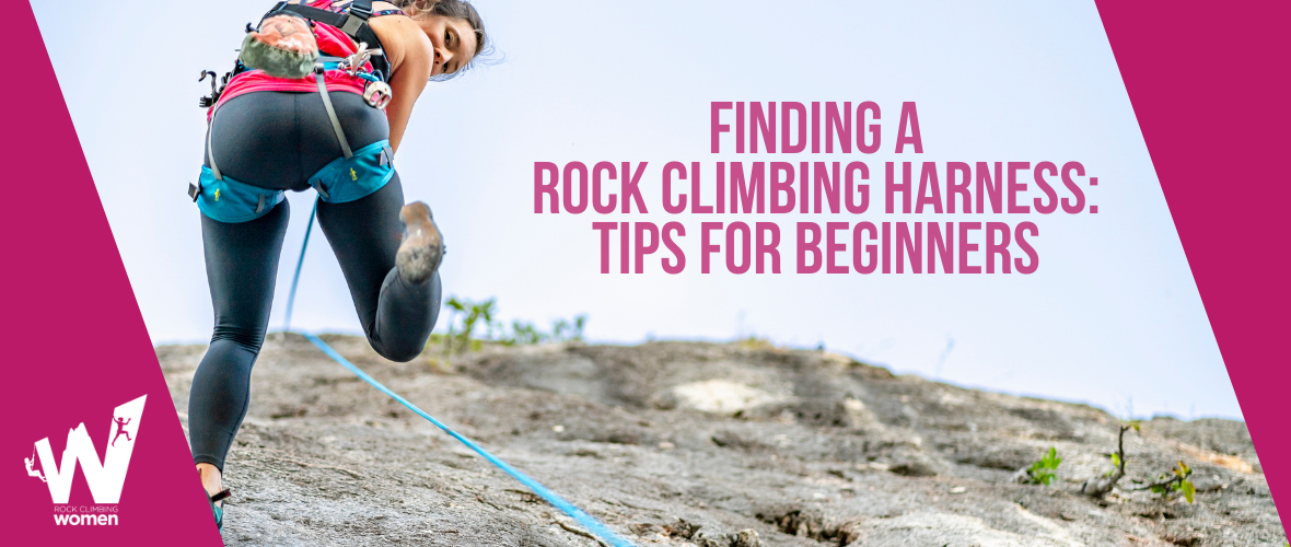 A woman climbing a steep rock in a climbing harness.