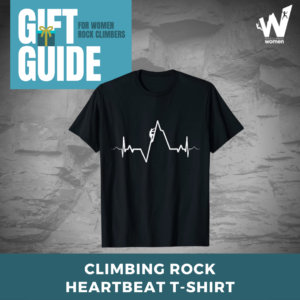 Black t shirt with rock climber on rock formation that looks like a heartbeat line.