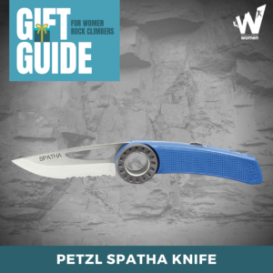 Petzl blue knife on gray background.