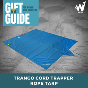 Blue rope tarp and bag for climbing on gray background.