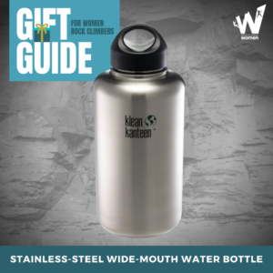 Klean Kanteen stainless steel wide month water bottle on gray background.