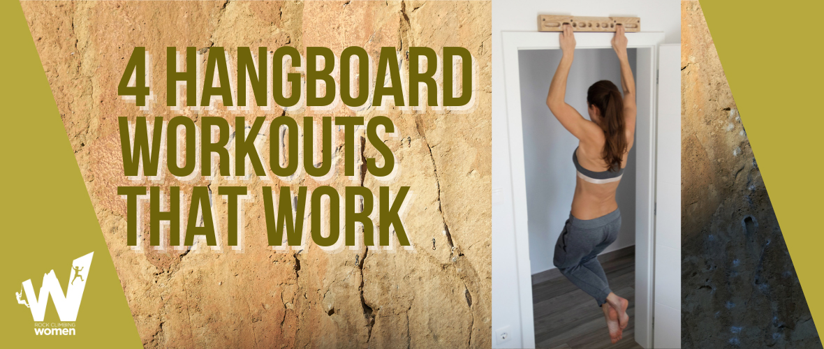 Banner reading 4 Hangboard Workouts That Work with a woman using a wooden hangboard in a doorway with a rock wall background.