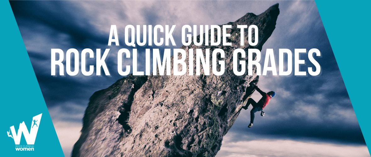 The words A Quick Guide to Rock Climbing Grades and a person rock climbing on a cliff in the background.
