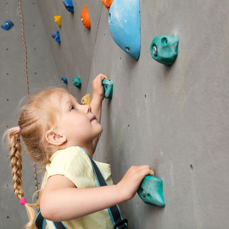 Little girl on a rock climbing wall.