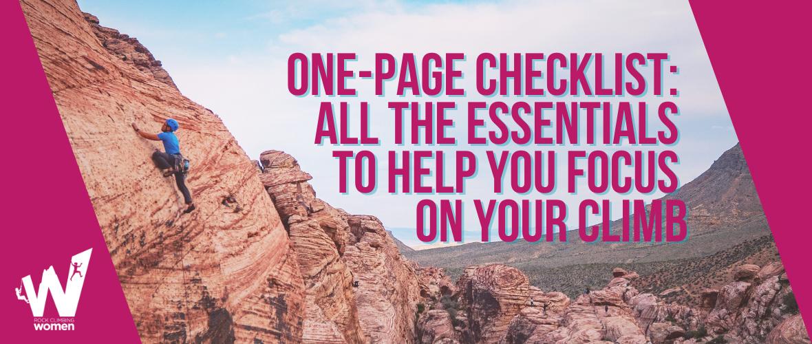 Rock climber climbing red rocks with mountains and canyon in the background. The words One-Page Checklist: All the Essentials to Help You Focus on Your Climb and the Rock Climbing Women logo are featured.