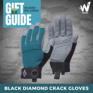 Teal climbing crack gloves on gray background