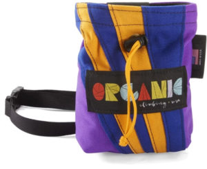 Purple, orange, and black chalk bag with the Organic logo.