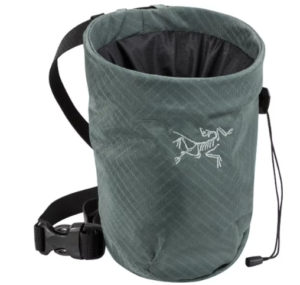 Grey chalk bag with Arc'teryx logo.